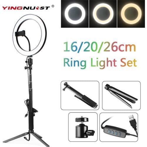 LED Studio Camera Ring Light Photography 16cm 20cm 26cm Photo Camera Ring Light With Tripod USB Plug For Phone Holder Make Up