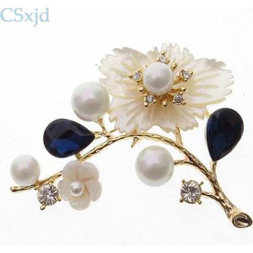 CSxjd vintage Natural Shell brooch Blue crystal Imitation pearl Pin Brooch Luxury Bridal Jewelry shawls scarves Accessory