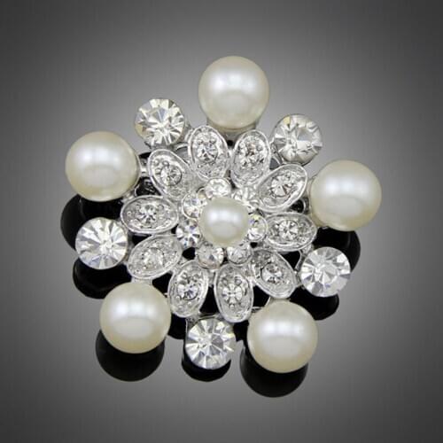 Glamorous High Quality Simulated Pearl Pentagon Flower Rhinestone Silver-color Brooches for Women Brooch Pins Jewelry