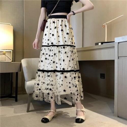 Mesh Stitch Stars Long Korean Fashion High-Waisted Vintage Spring Autumn Summer WomenS Clothing Skirts Vetement Femme 2021