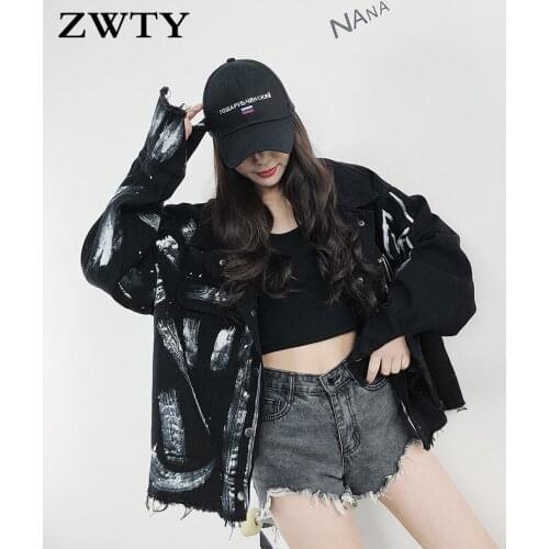 ZWTY Women Denim Jacket Fashion Graffiti Print Long sleeve Jeans Jacket Female Loose Hip hop Jeans Coat Harajuku Jackets Streetw