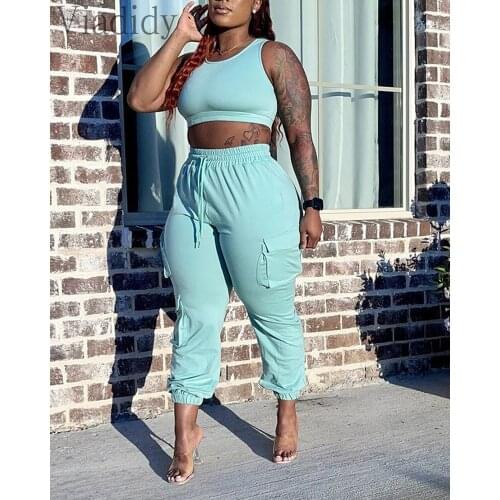 Women Two-Piece Solid Color Sleeveless Top & Pockets Drawstring Pants Set Overalls Outfits