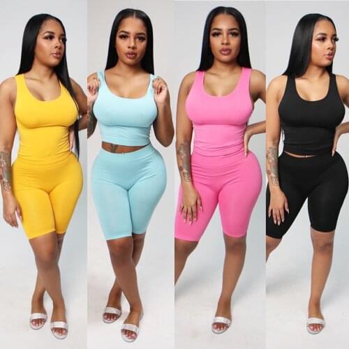 Sexy Tank Crop Top 2 Pieces Shorts Sets Women Tracksuit Sportwear Casual Solid Sleeveless Top and Biker Shorts Summer Outfits