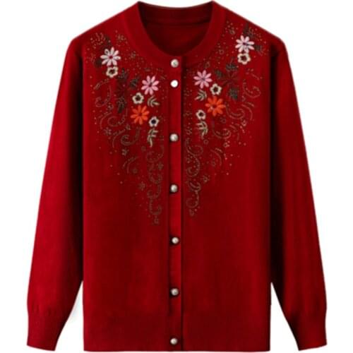 Elderly Women Knit Sweater Coats Large Size Autumn Plus Size Grandmother Embroidery Knitted Cardigans Women Sweater Jacket H45