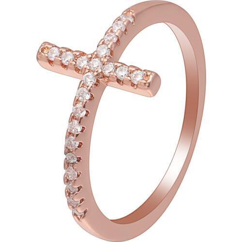 Religious Trend Sideways Cross ring rose gold-color Czech zircon crystal vintage us 5-10 wedding ring for women