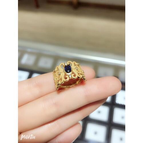 Golden color big ring ocean blue sapphire gemstone ring 925 sterling silver natural gem gild gold luxury character birthday gift