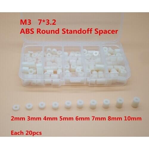 140pcs/lot M3*L(L=2/3/4/5/6/7/8/10mm ) ABS Nylon Round Standoff Spacer, PCB board spacer OD(7MM) X ID(3.2mm)*L