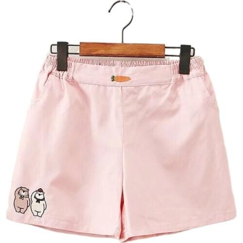 2021 New Spring Preppy Style Cute Carrot Bear Embroidery Elastic Waist Casual Shorts Women Sweet Ladies Bottoms 2011948