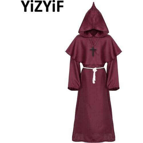 4Pcs Medieval Long Sleeves Monk Robe Hooded Cloak Rope Belt Cross Necklace Unisex Adults Priest Sorcerer Cosplay Costume Set