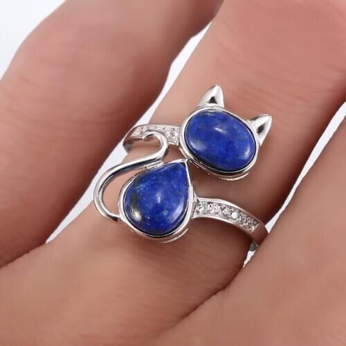 AMORUI Lapis Lazuli Natural Stone Women Rings 925 Sterling Silver Cute/Romantic Cat Zircon Rings Party/Weeding/Birthday Jewelry