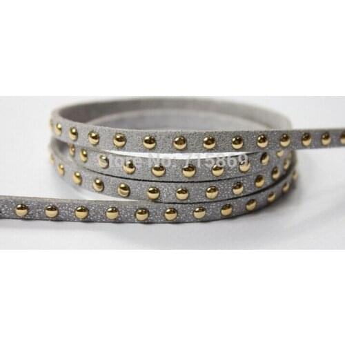 Free Ship 100 Meterse 5mm*1.5mm Silver Gray Glitter Flat Faux Suede Leather Cord With Gold Studs