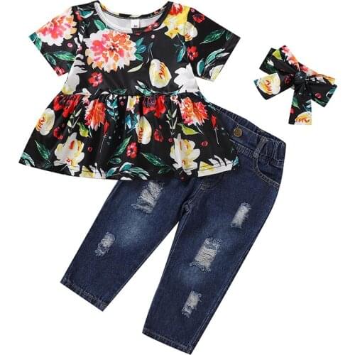 Kids Suit 2021 Spring Summer Baby Girl Clothing Sets Floral Short Sleeve + Ripped Denim Trousers 2 Piece Set Children Clothing