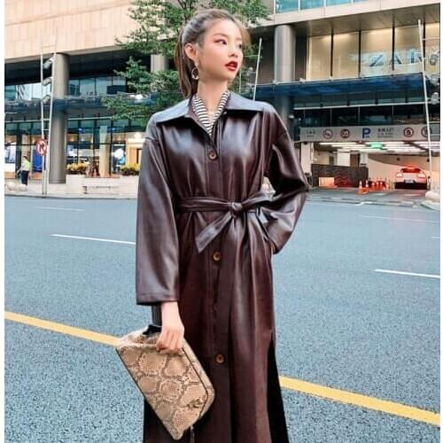 Elegant Long Cool Leather Long Jacket 2020 New Spring Women Loose Belt PU Leather Windbreaker Trench Coat Slim Autumn Jacket