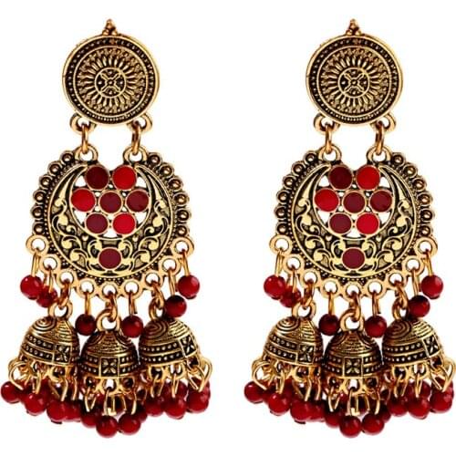 Elegant Womens Flower Gold Jhumka Earrings Vintage Ethnic Indian Gypsy Boho Tribe Bell Tassel Drop Earrings