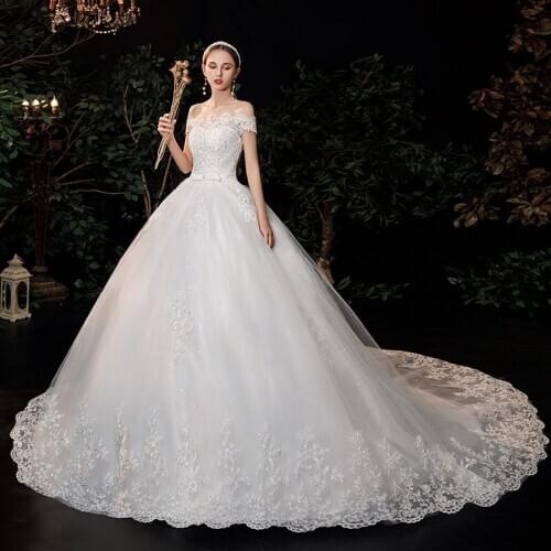 Ezkuntza Boat Neck Lace Wedding Dress Princess 2021 Embroidery luxury Long Train Wedding Gown Elegant Plus Size