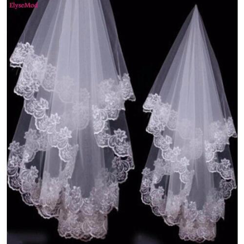 Real Image Wedding Veils 1 Layer Lace Arabic Cheap Applique Edge Tulle Women Bride Fingertip Length Muslim Bridal Veil