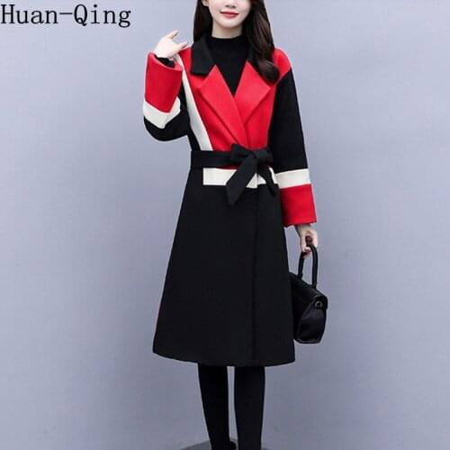 Korean Winter Woolen Coats Womens Vintage Suit Collar Belt Slim Long Coats Outerwear OL Elegant Patchwork Plus Size 4XL Abrigos