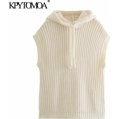 KPYTOMOA Women 2021 Fashion With Drawstring Loose Knitted Vest Sweater Vintage Sleeveless Hooded Female Waistcoat Chic Tops