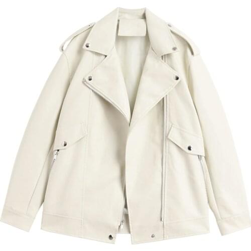 Khaki Faux PU Leather Jacket Loose Fashion Big Lapel Chic Epaulettes Long sleeves Women Spring Autumn Streetwear Biker Jacket