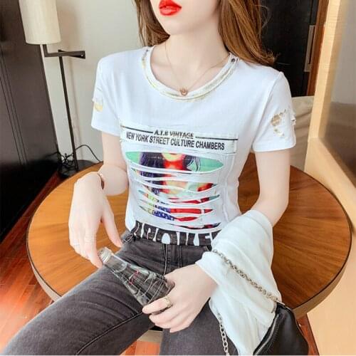GGRIGHT Summer Cotton Short Sleeve T Shirt Women Casual Printing HOLE Tops O Neck T-shirt 2021 Korean Fashion Womens Clothing