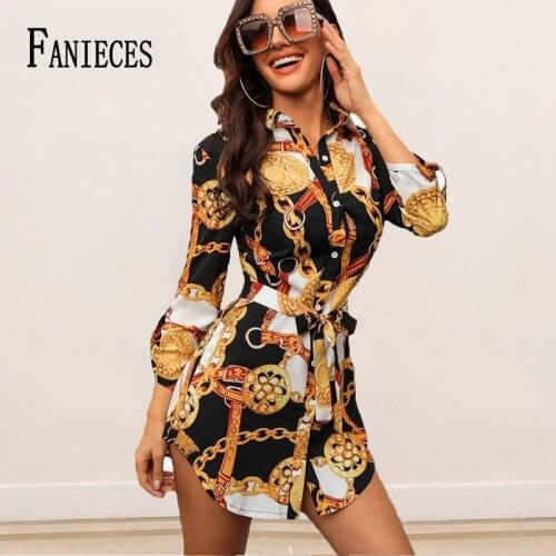 Hot Sale Women chain print Long Sleeve Lady Tops Loose Short Mini Shirt Dress Summer Beach Dresses streetwear dropshipping