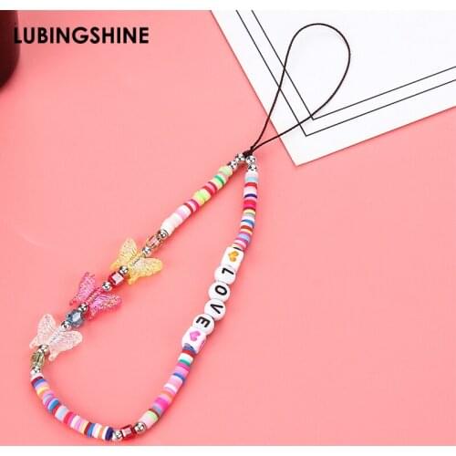 Fashion Color Acrylic Butterfly Letter Beads Mobile Phone Chain Anti-lost Chains Lanyard for Girls Women Sweater Chain Necklace