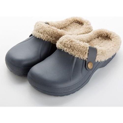 WEH men House Slippers PU Leather Warm Fur Slippers Home Slipper Indoor Floor Shoes for Female Winter clogs Fashion Slippers men