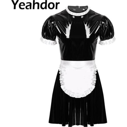Mens Sissy Maid Cosplay Costume Set Round Neck Short Puff Sleeve Wet Look Patent Leather Maid Servant Uniform Flared Dress Apron