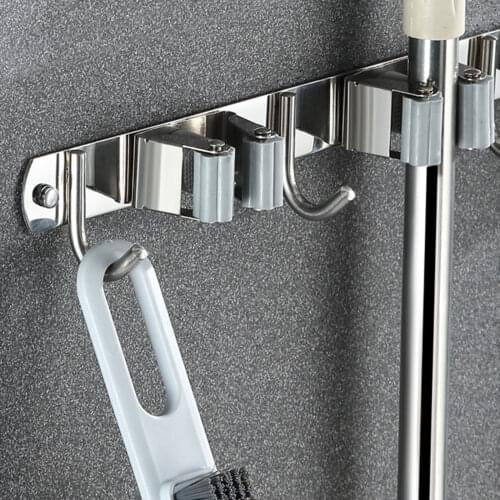 1pc Wall Mounted Broom Mop Holder Stainless Steel Broom Hanger Strong Mop Hooks for Laundry Room Garage Garden Bathroom