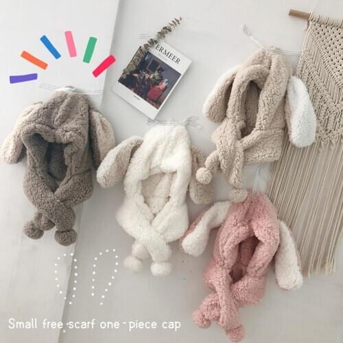 New Cotton Velvet Long Ear Ear Protection Baby Winter Warm All-in-one Hat 2-10 Years Old Winter Knitted Hat Warm Soft Hat