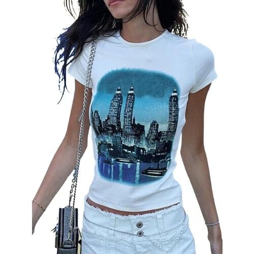 2021 New Women’s Summer Casual Short Sleeve T-shirt Fashion City Scenery Printing Pullover Tops