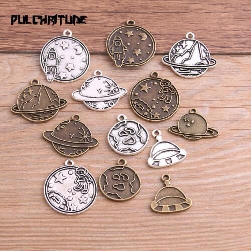 8PCS Mix 7 Styles New Product Two Color Outer Space Charms Planet Rocket Pendant Jewelry Metal Alloy Jewelry Marking