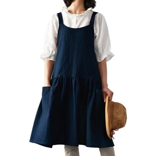 New Washable Cotton Linen Kitchen Apron with Pockets for Cooking Baking Flower Shop Cute Aprons for Woman Dress
