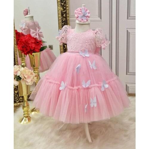 New Custom Pink Princess Dress Lace Tulle Flower Girl Dress for Wedding Kids Prom Clothes Birthday Gowns 1-14Y