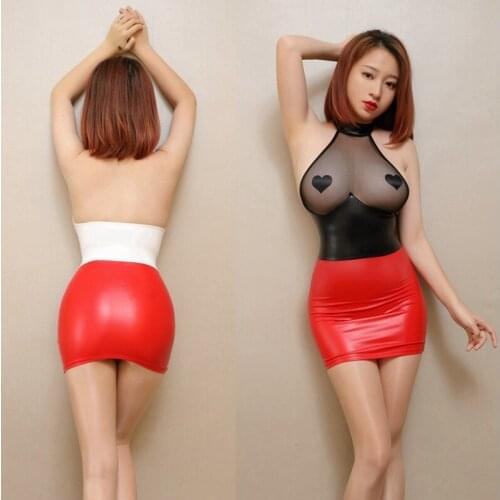 Sexy Mesh PU Leather Patchwork Transparent Mini Dress Open Chest Hollow Out Pencil Cute Shapewear Erotic Dress Nightclub Wear