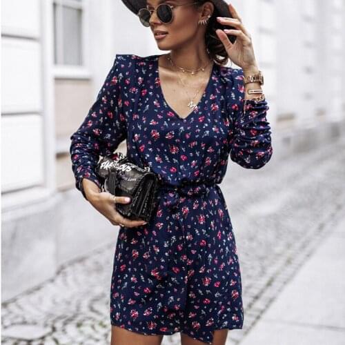QINJOYER Sexy V-Neck Floral Print Mini Dress Women Long Sleeve A Line Mini Dress Office Ladies Casual Dress Party Dress Female