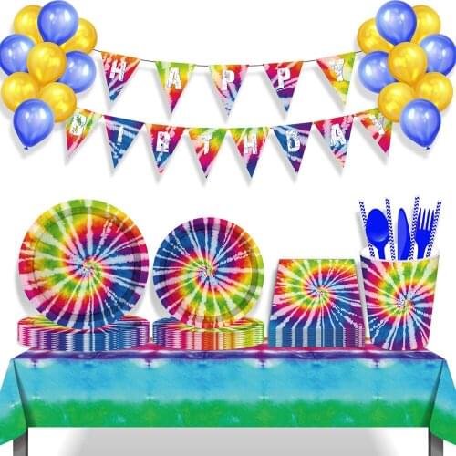 Rainbow Tie Dye Carnival Festival Theme Baby Shower Happy Birthday Party Disposable Tableware Sets Banner Hanging Swirl Decors