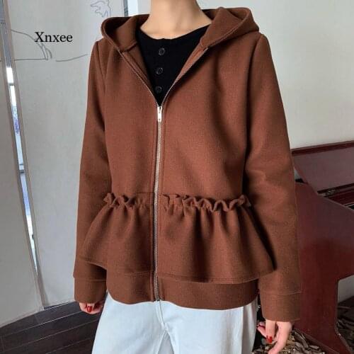 Hoodie Zipper Ruffle Pleated Jacket Women Sweatshirts Hoodies Long Sleeve Pocket Fashion Women Hoodies Sweatshirt Outwear Tops