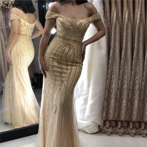 Serene Hill Sexy Off Shouler Diamond Gold Nude Mermaid Evening Dress Sparkly Formal Party Gown 2020 Real Photo CLA6110