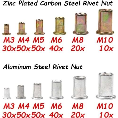 200PCS Flat Head Rivet Nut Aluminum Alloy M3 M4 M5 M6 m8 M10 Rivnut Zinc Plated Cap Rivet Insert Nutsert Threaded Nut