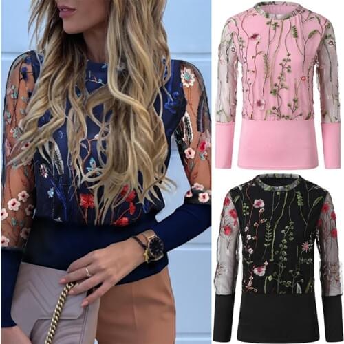 2021 Patchwork Mesh Embroidered Floral Tops Full Sleeve Shirts Tops For Femme Crew Neck Blouse Shirt New Spring Summer Blusas