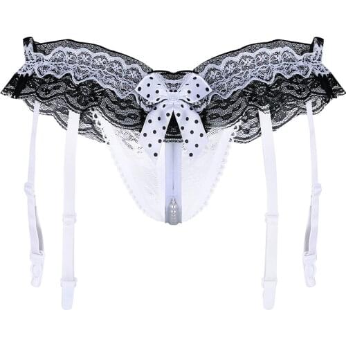 Women Floral Lace See-through Sexy T-back Underpants Pearl Crotchless Ruffle Briefs Bowknot Sissy Lingerie Thongs with Garters