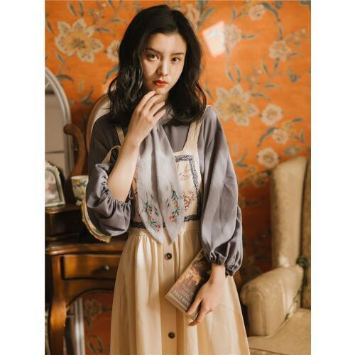 2019 new fashion womens two piece set Retro shirt straps two-piece dress spring and autumn