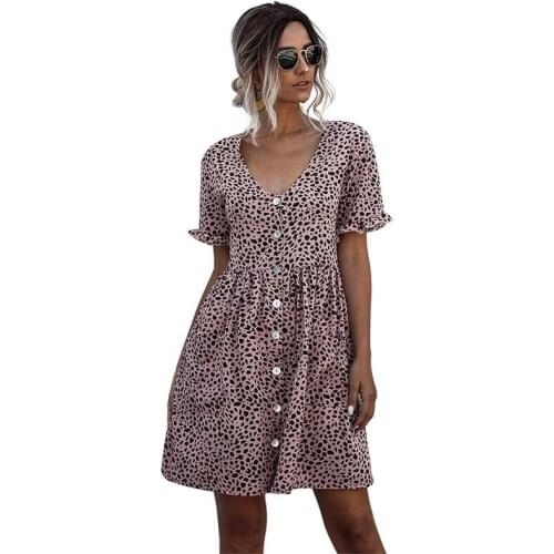 Summer Women Dot Print Mini Dress Single Breasted Pockets Loose Waist Butterfly Short Sleeve V-neck Lady Dress