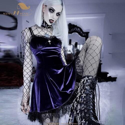 Goth Cross Sexy Purple Dress Vintage Velvet A Line Lolita Dress Aesthetic Gothic High Waist Ladies Club Party Dresses VD2148