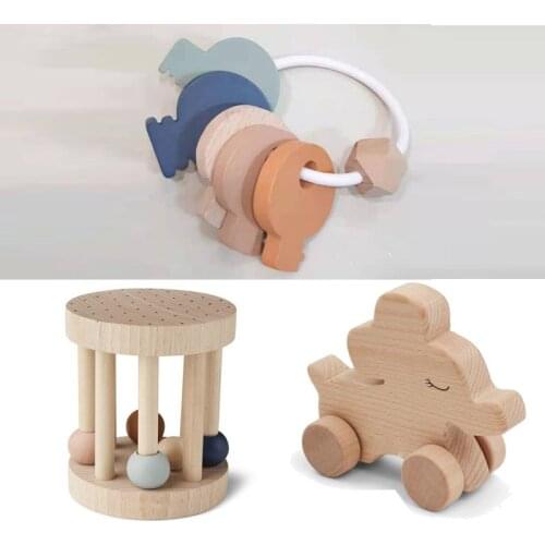 1pc Baby Teether Toys Wooden Bell Rattle Animal Beech Ring Rattle BPA Free Wood Car Toddler Toys Newborn Gift Baby Product