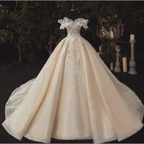 Lceland Poppy Shiny Ball Gown Wedding Dresses 2020 Off the Shoulder Beaded Ruffles Floor Length Vestido de Novia Bridal Gowns