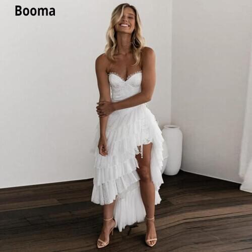 Booma 2020 Bohemian High Low Wedding Dresses Sweetheart Lace Appliqued Vestidos De Novia A Line Tiered Skirts Boho Wedding Dress