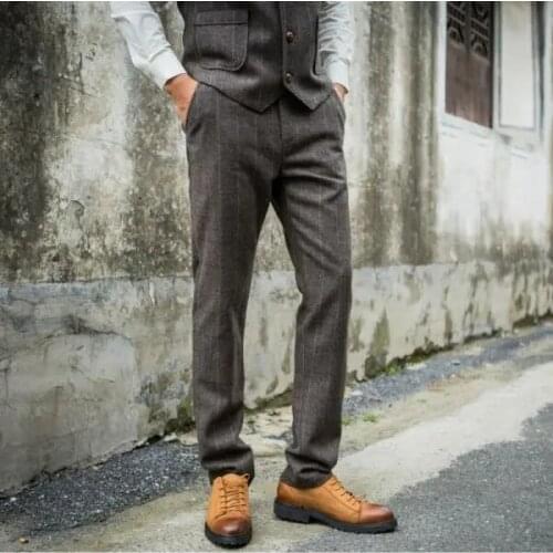 Gray Plaid Trousers for Men Wool Tweed Autumn Pants Formal Bussiness Pants Trousers Wear Gentleman Trousers Suit Male Man Pants