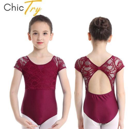 ChicTry Kids Teens Floral Lace Professional Ballet Leotard Children Cutout Gymnastics Leotard Bodysuit Girls Practice Dance Wear